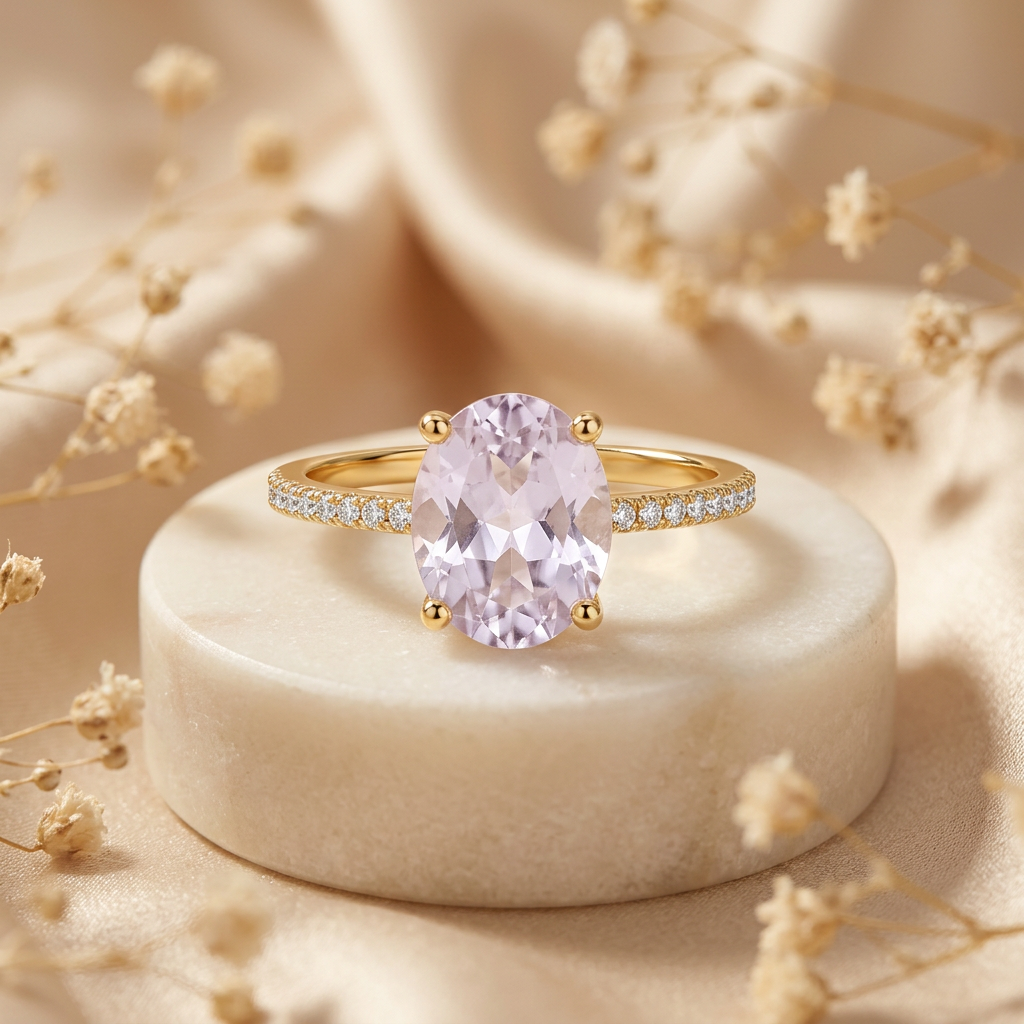 Lilac oval gold-tone ring on a small cream pedestal with champagne fabric and delicate dried flowers.