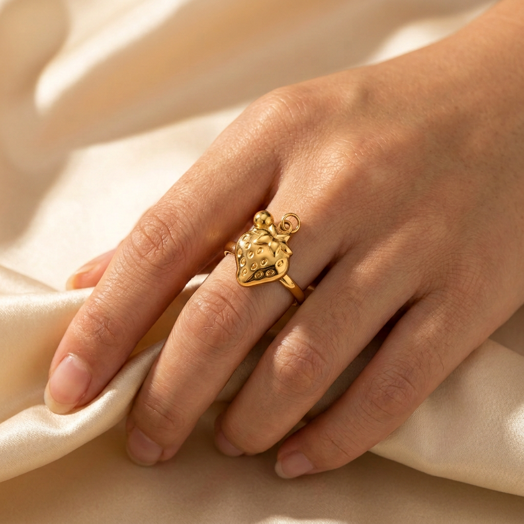 Adult model wearing a single-band gold-tone strawberry ring with champagne satin.