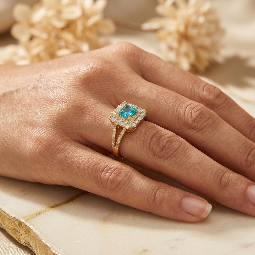 Aquielle aqua halo ring worn on an adult hand resting naturally on cream marble