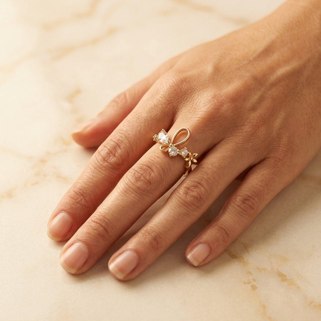 Adult hand wearing a delicate gold-tone clear-stone ring while resting on cream marble.