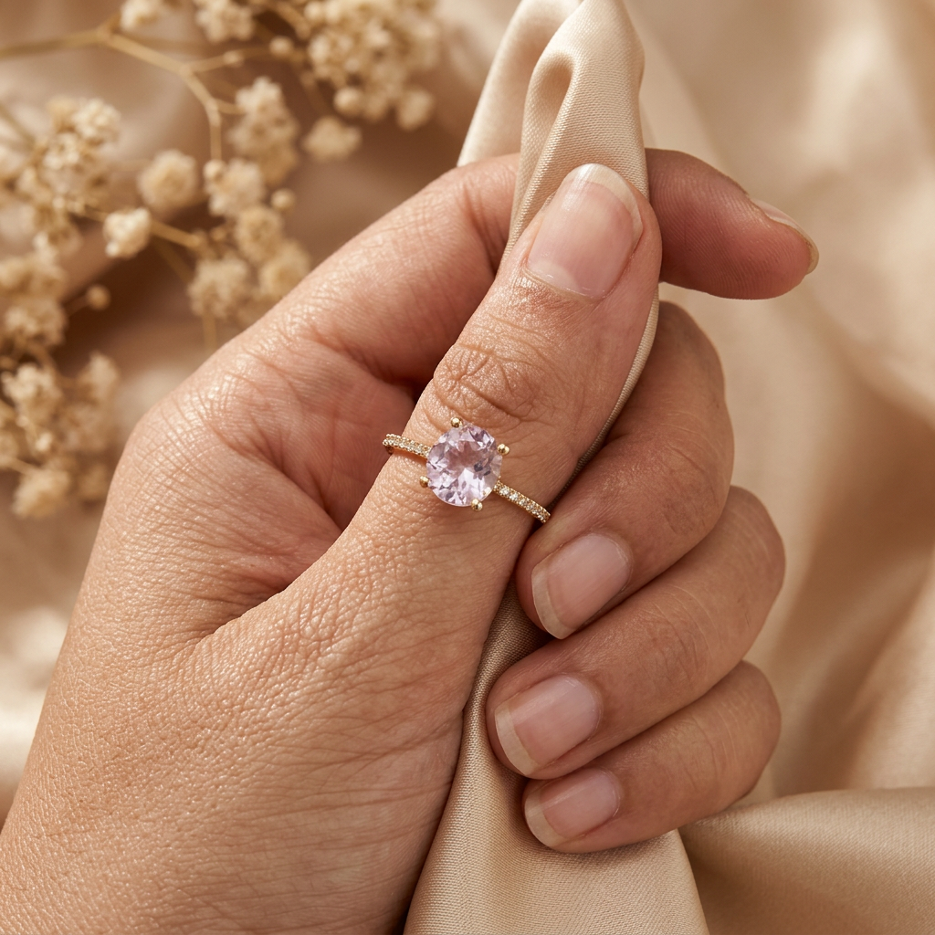 Adult hand wearing a pale lilac oval gold-tone ring while gently holding a fold of champagne satin.