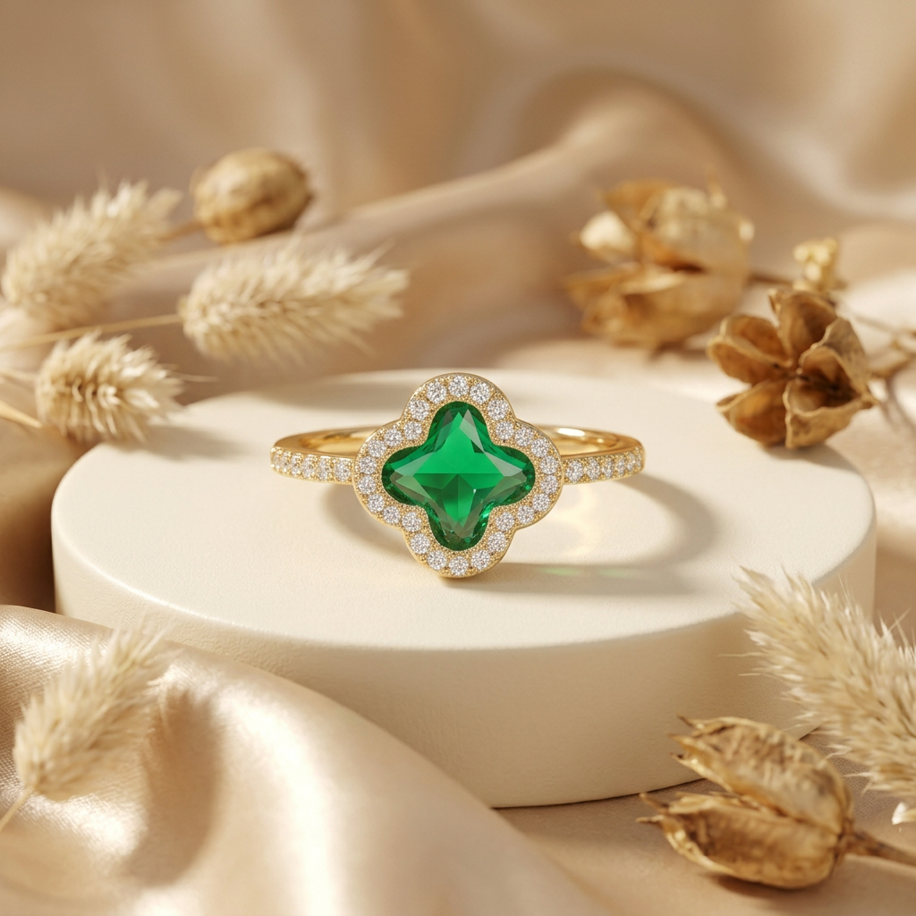 Cloverelle green quatrefoil ring on a cream pedestal surrounded by champagne satin and dried flowers