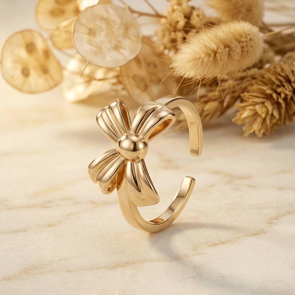 Gold-tone bow-inspired open-back ring on cream marble with dried golden florals.
