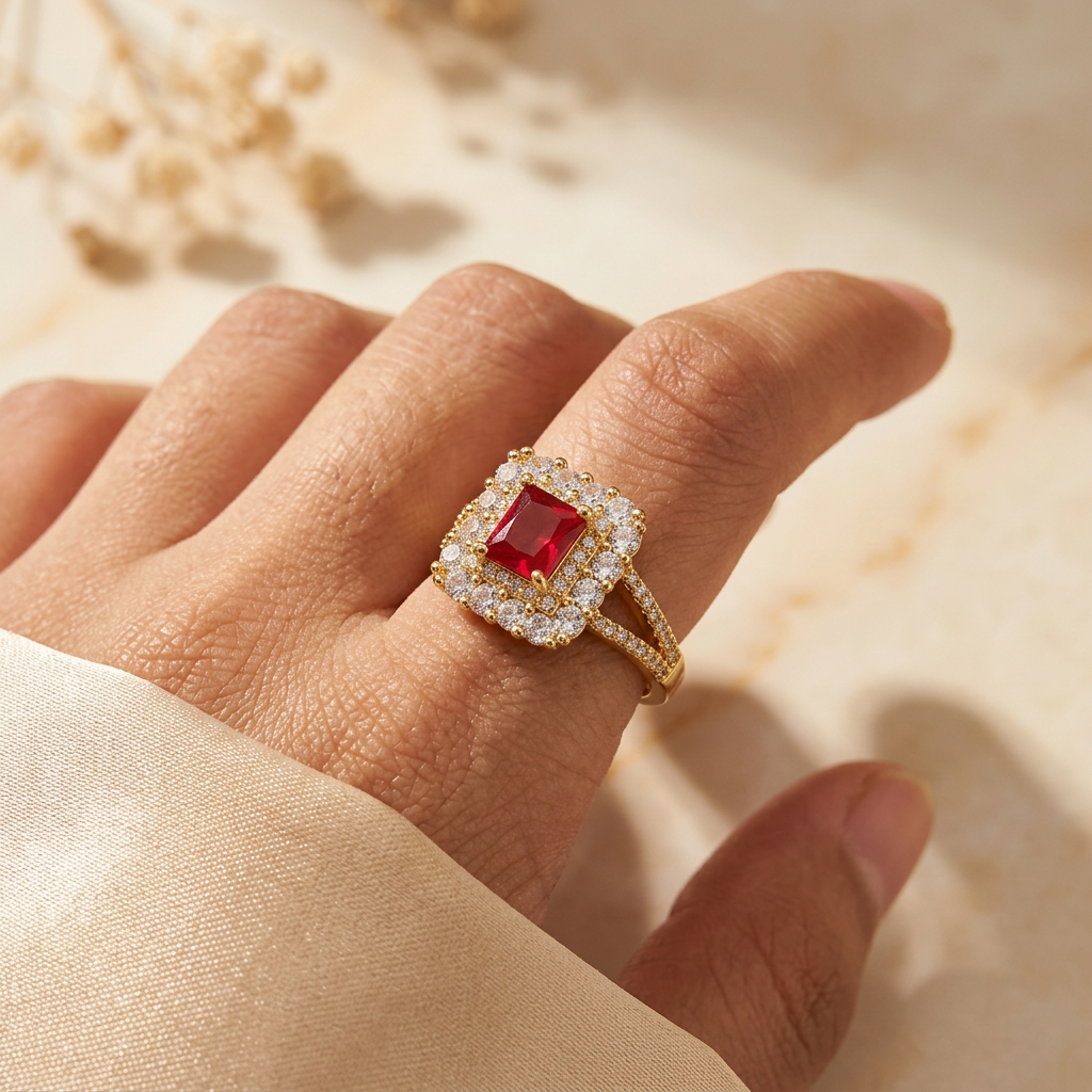 Scarlette red rectangular halo ring worn on an adult hand beside champagne satin