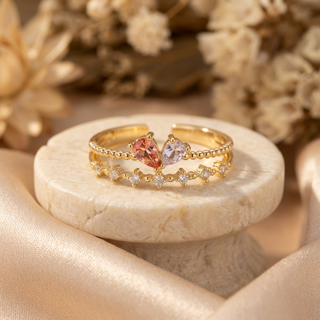 Peach and lilac two-row gold-tone ring on a cream pedestal with champagne satin and delicate dried flowers.