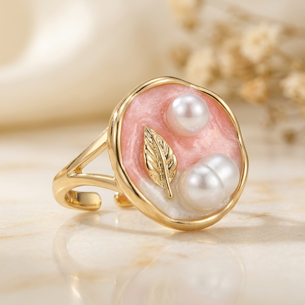 Colour-enhanced Petalune pink leaf pearl-look ring on cream marble with split shoulders