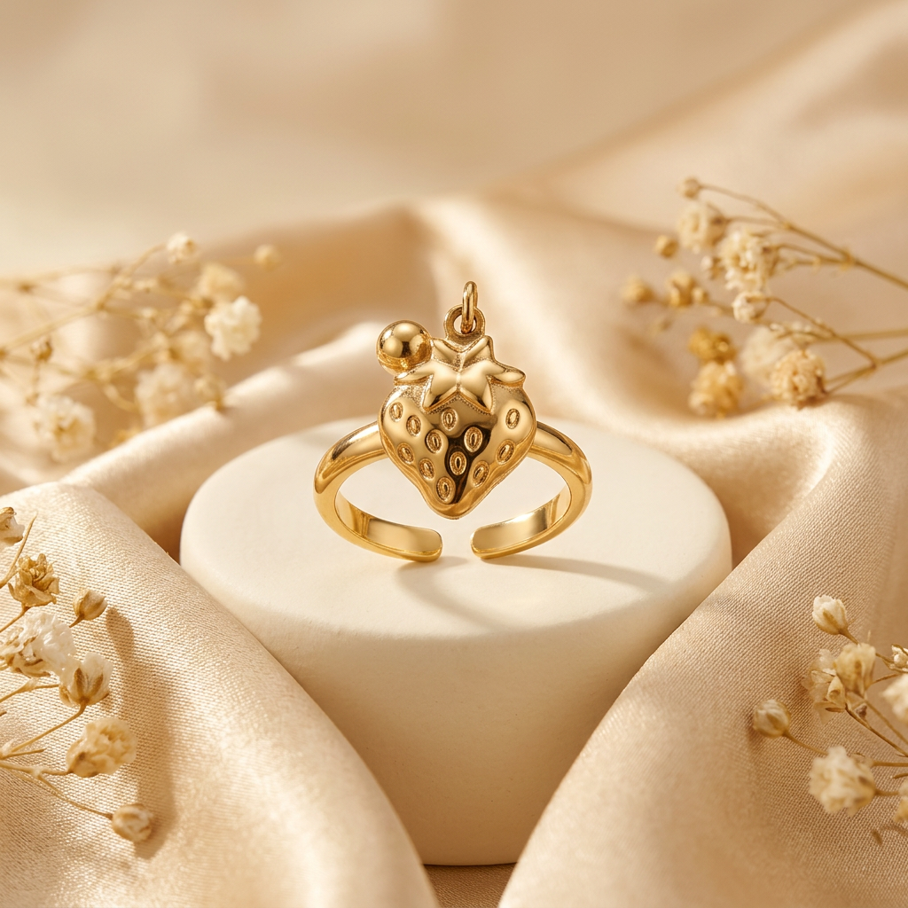 Gold-tone strawberry ring on cream pedestal with champagne satin and dried flowers.