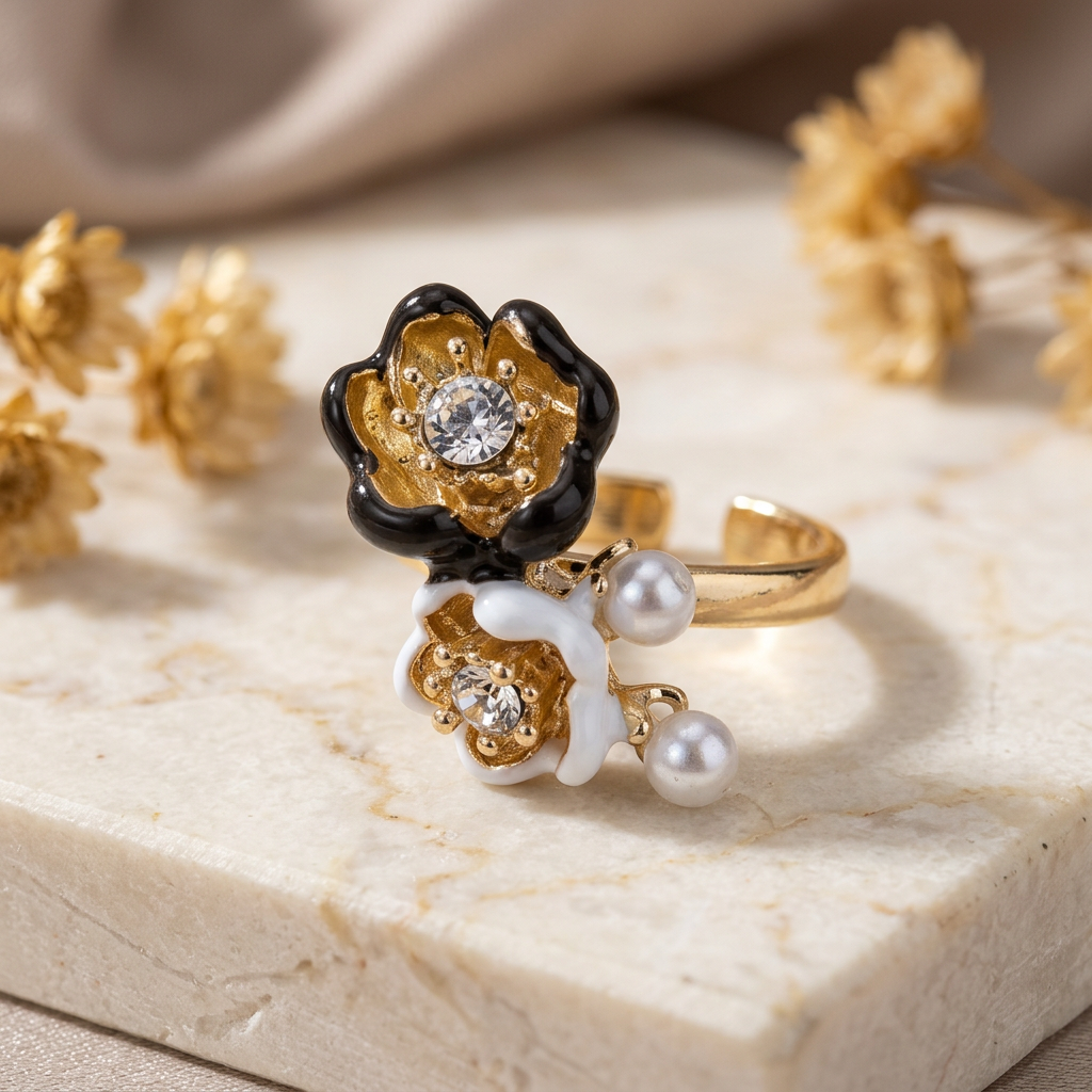 Contrast-enhanced Camelline black-and-white twin-flower ring on cream marble with open-back band