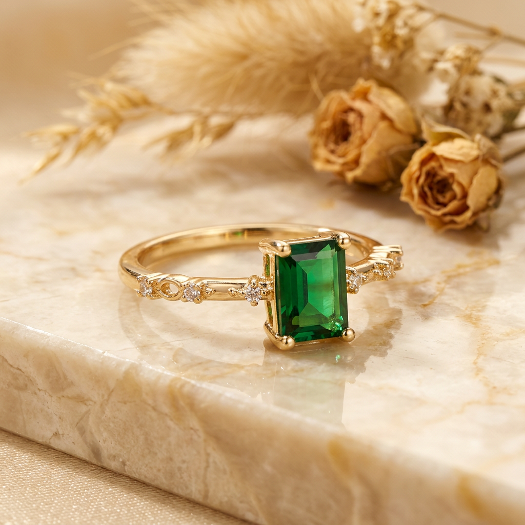 Gold-tone rectangular green-stone ring on cream marble with softly blurred golden dried flowers.