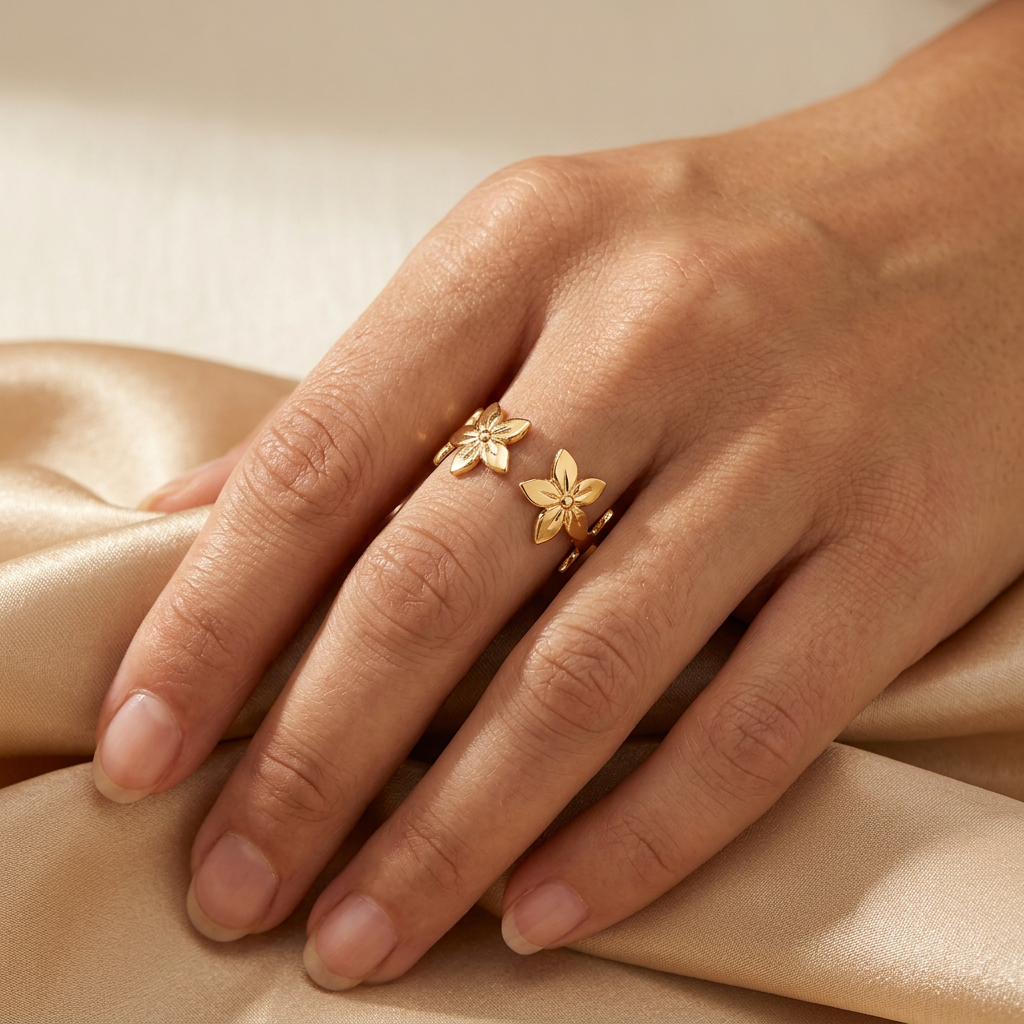 Adult model wearing gold-tone floral ring with hand resting on champagne satin.