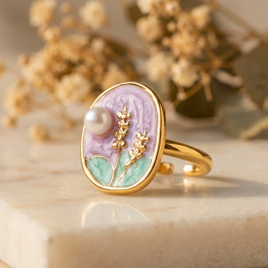 Colour-enhanced Lavielle lilac-and-mint botanical ring on cream marble with rear band opening visible