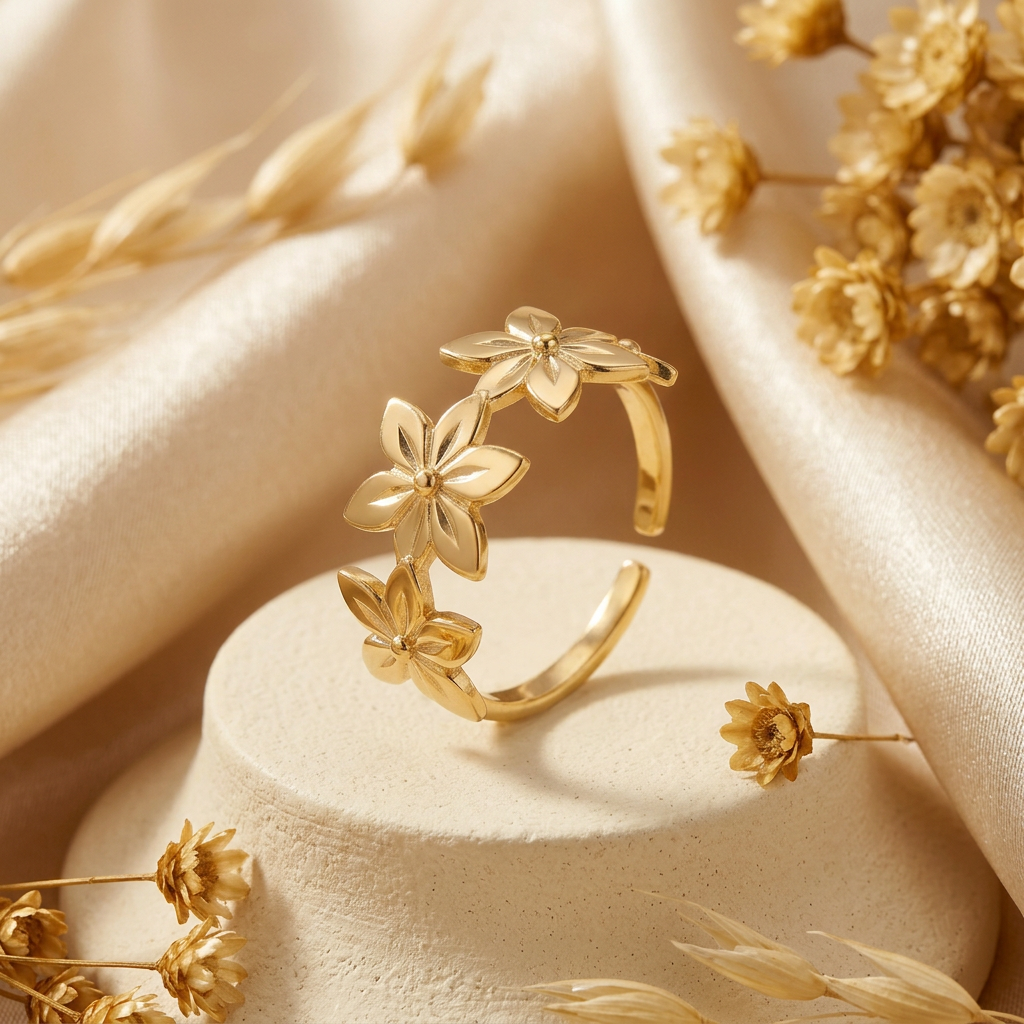 Gold-tone flower open ring displayed on cream pedestal with champagne satin.