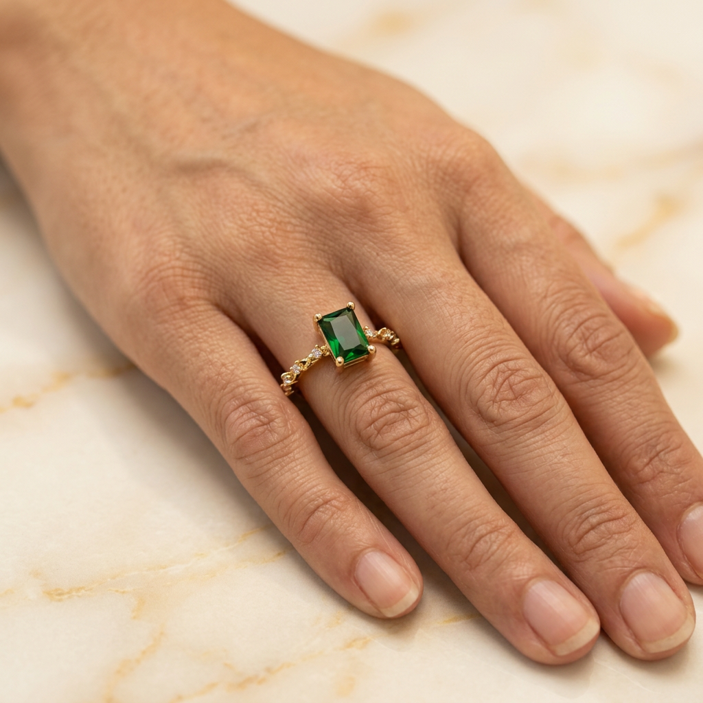 Adult hand wearing a gold-tone rectangular green-stone ring while resting naturally on cream marble.