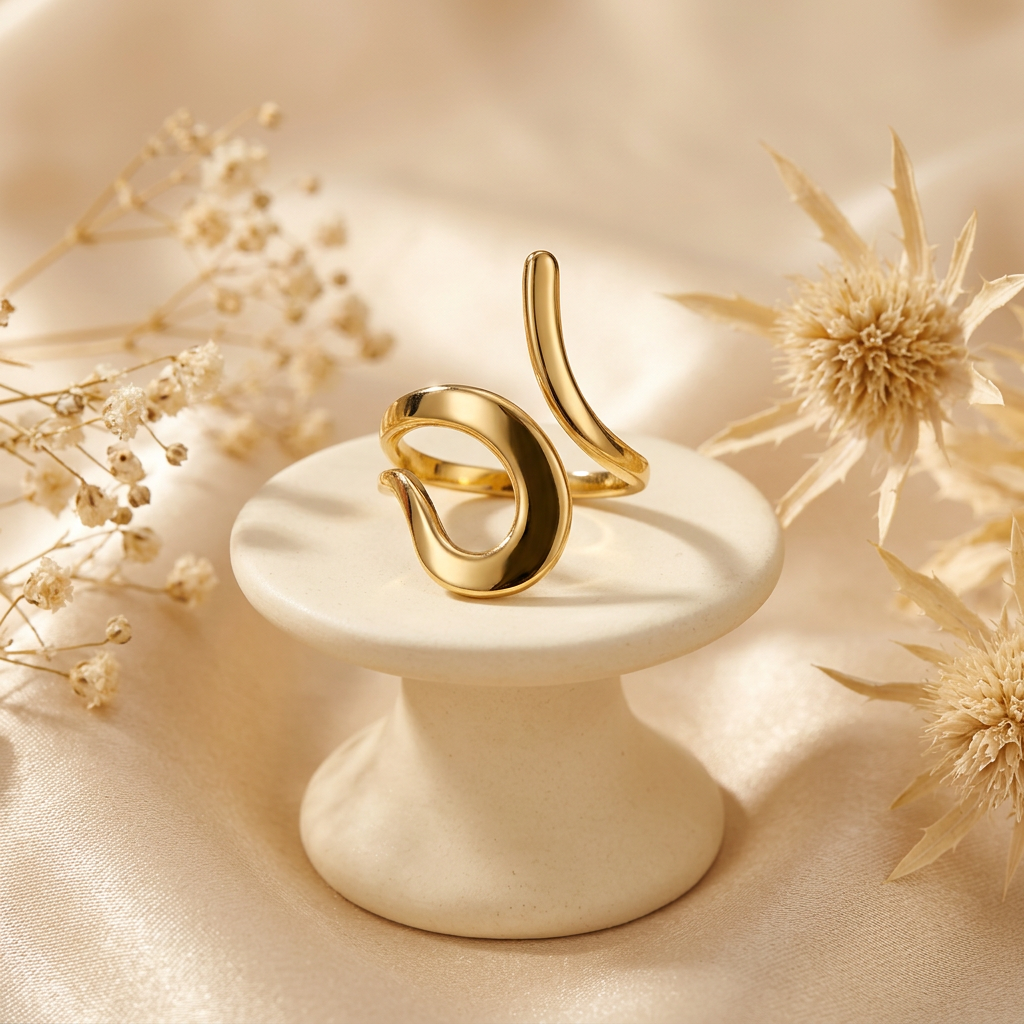Gold-tone curl ring on cream pedestal with champagne satin and dried flowers.