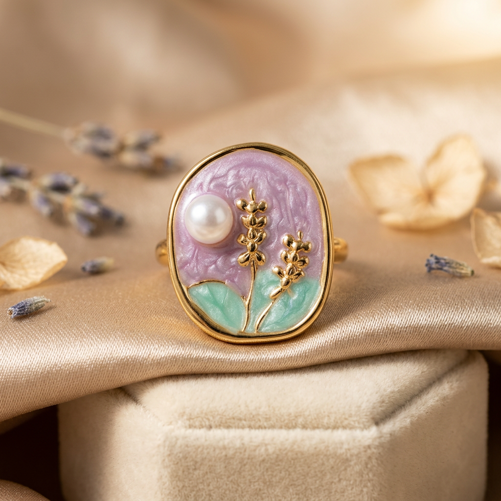 Lavielle lilac-and-mint botanical ring on champagne satin draped over a cream pedestal