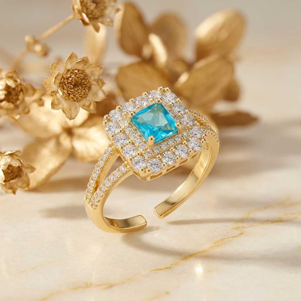Aquielle aqua rectangular halo ring on cream marble with open-back band visible