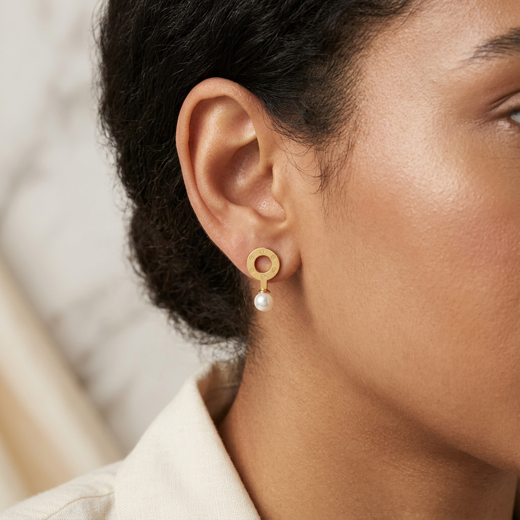 Young adult woman wearing one Orlina circle pearl-look drop earring with hair tucked back