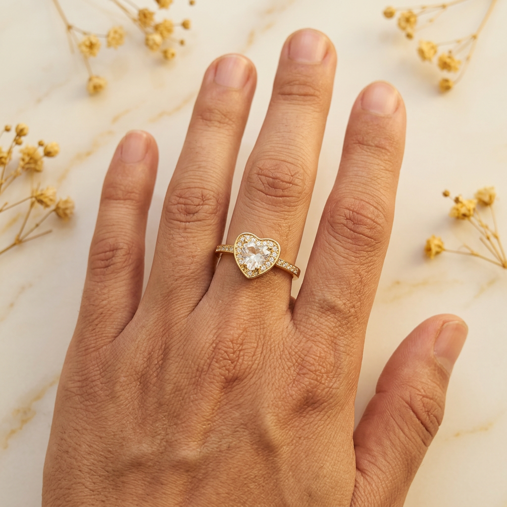 Coeurelle clear heart ring worn on an adult hand resting naturally on cream marble