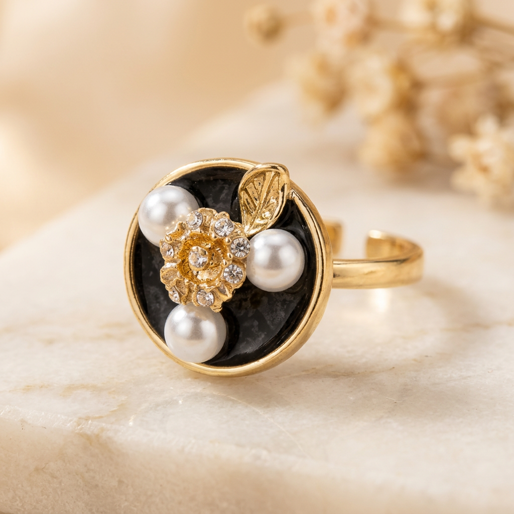 Contrast-enhanced Noirelle black floral pearl-look ring close-up on cream marble