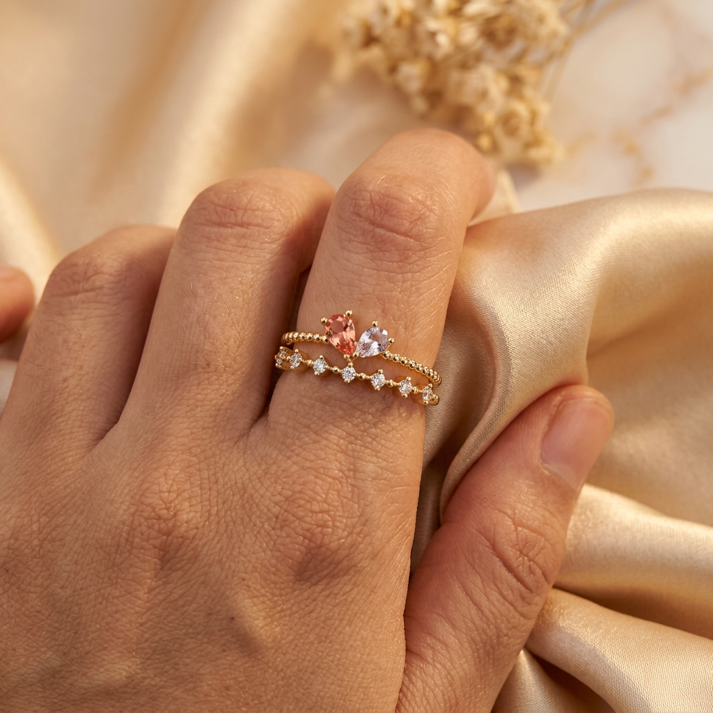 Adult hand wearing a gold-tone peach and lilac teardrop two-row ring while gathering champagne satin.