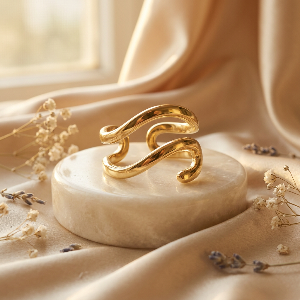 Gold-tone wave ring on cream pedestal with champagne satin and dried flowers.
