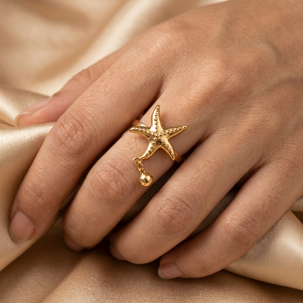 Adult hand wearing a gold-tone starfish ring while gently holding a fold of champagne satin.