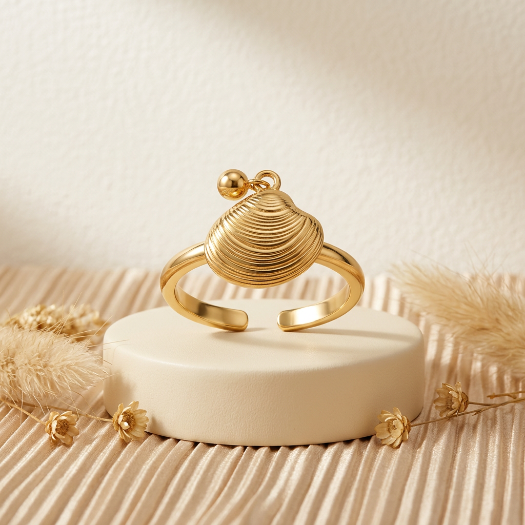 Gold-tone shell ring displayed on cream pedestal with golden dried flowers.