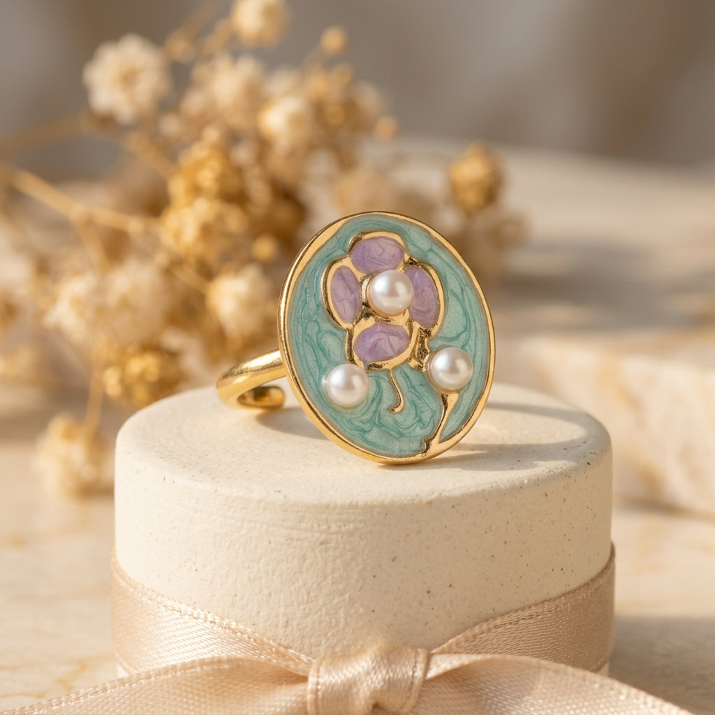 Fleurette aqua oval floral ring on cream pedestal with champagne satin and blurred dried flowers