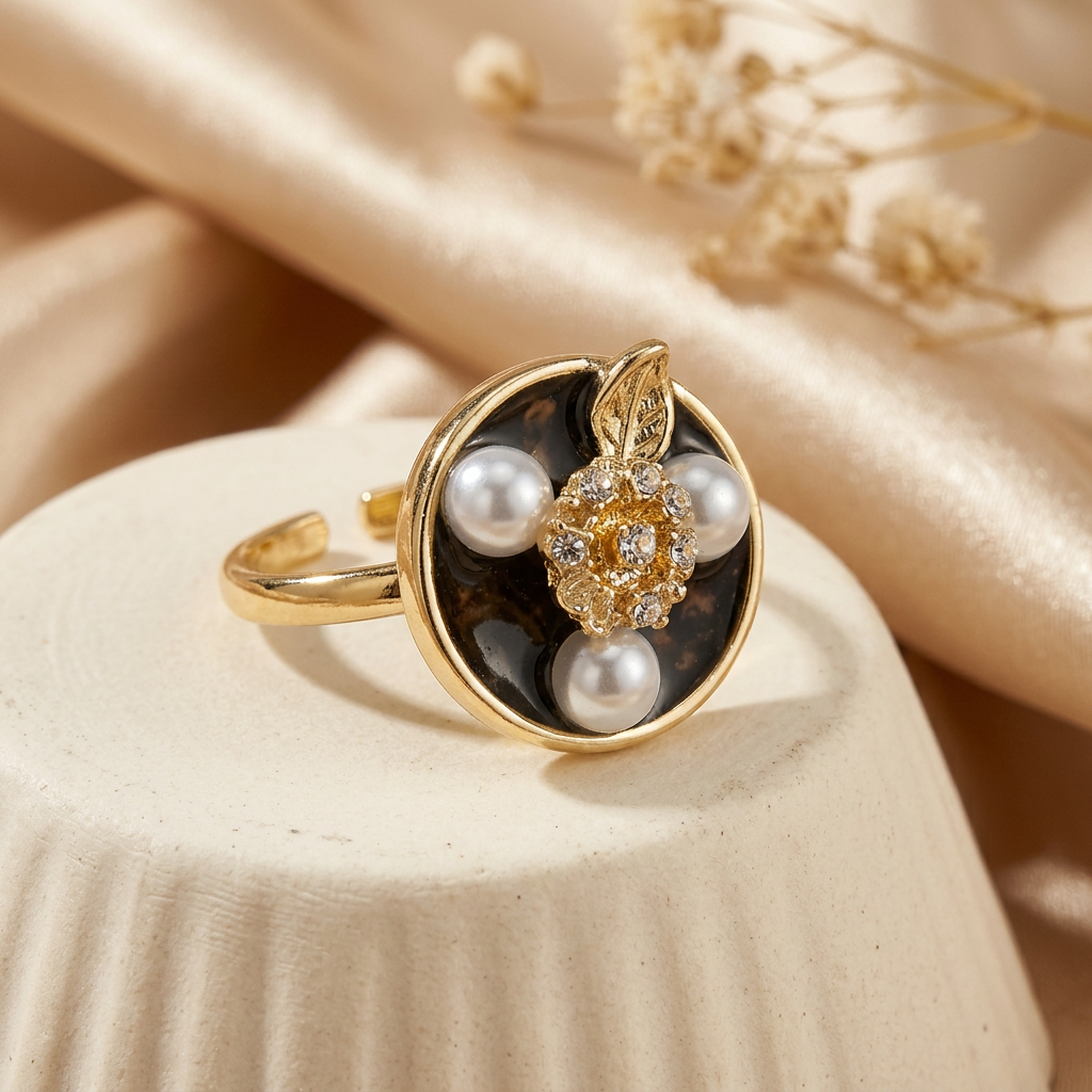 Noirelle black floral pearl-look ring on a cream pedestal with champagne satin