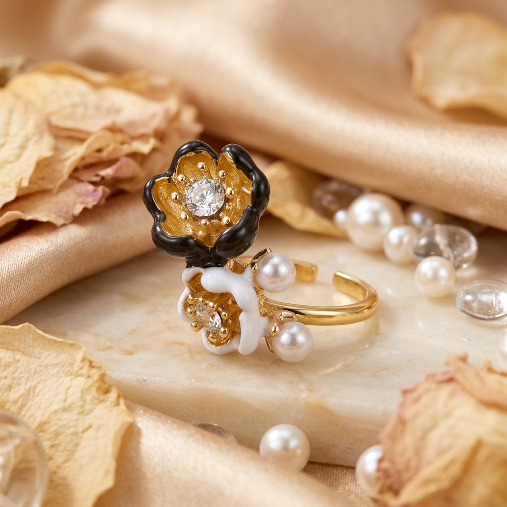 Camelline layered black and white flowers with gold-tone inner petals, clear centres and two hanging pearl-like accents