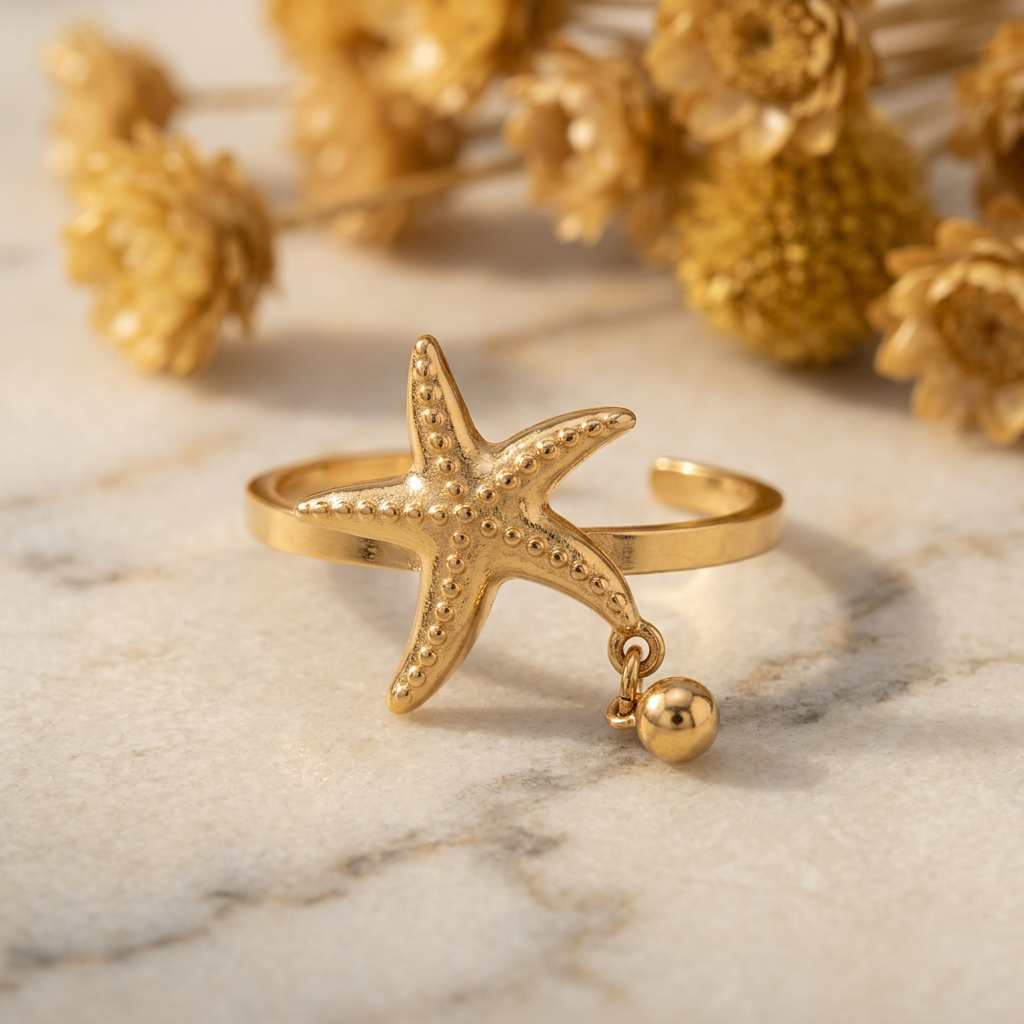 Gold-tone starfish ring with dotted texture and dangling bead on cream marble with blurred golden flowers.