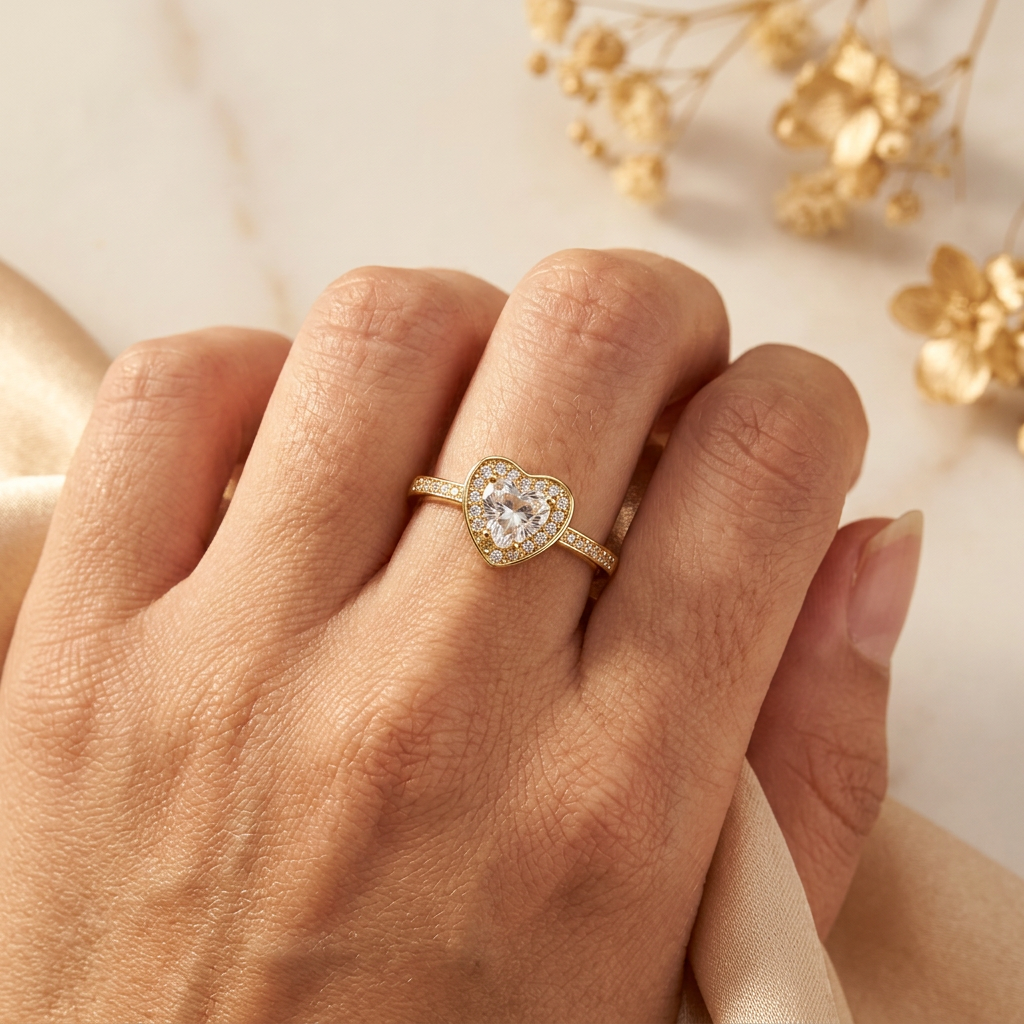 Coeurelle clear heart halo ring worn on an adult hand gently gathering champagne satin