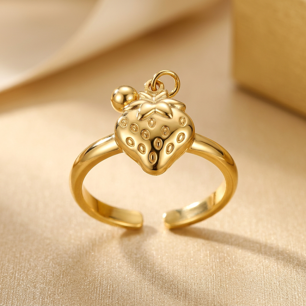 Close-up of gold-tone strawberry ring showing seed-like texture and open band.