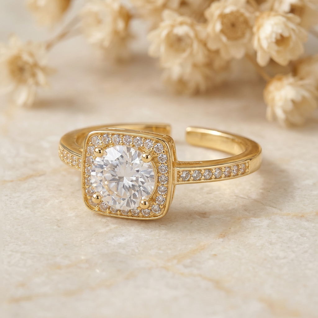 Close-up of Clarielle clear faceted centre, square halo, gold-tone border and stone-set shoulders