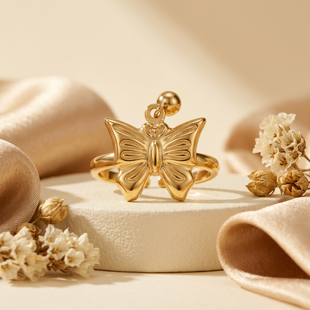 Gold-tone butterfly ring with ridged wings and bead detail on a cream pedestal with champagne satin.