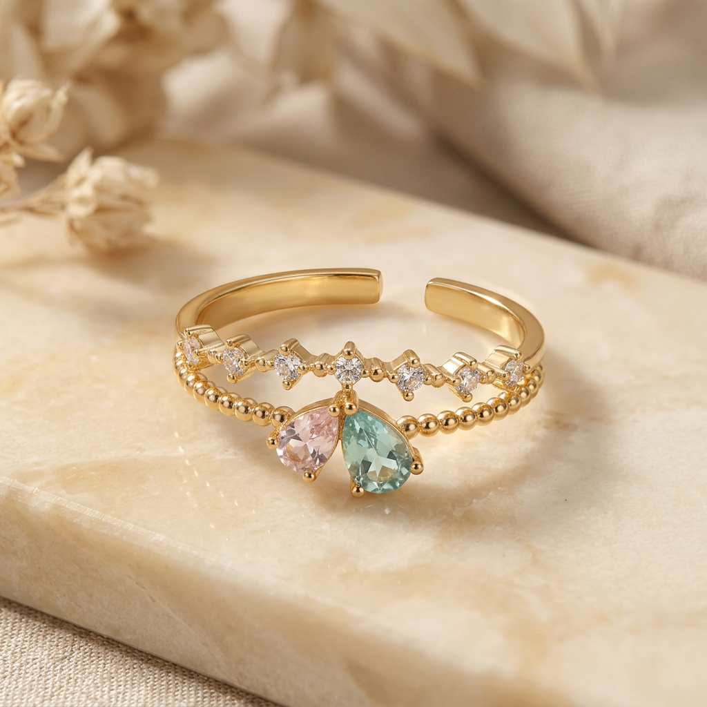 Close-up showing pink and aqua teardrops, clear upper stones, beaded lower row and open rear band.