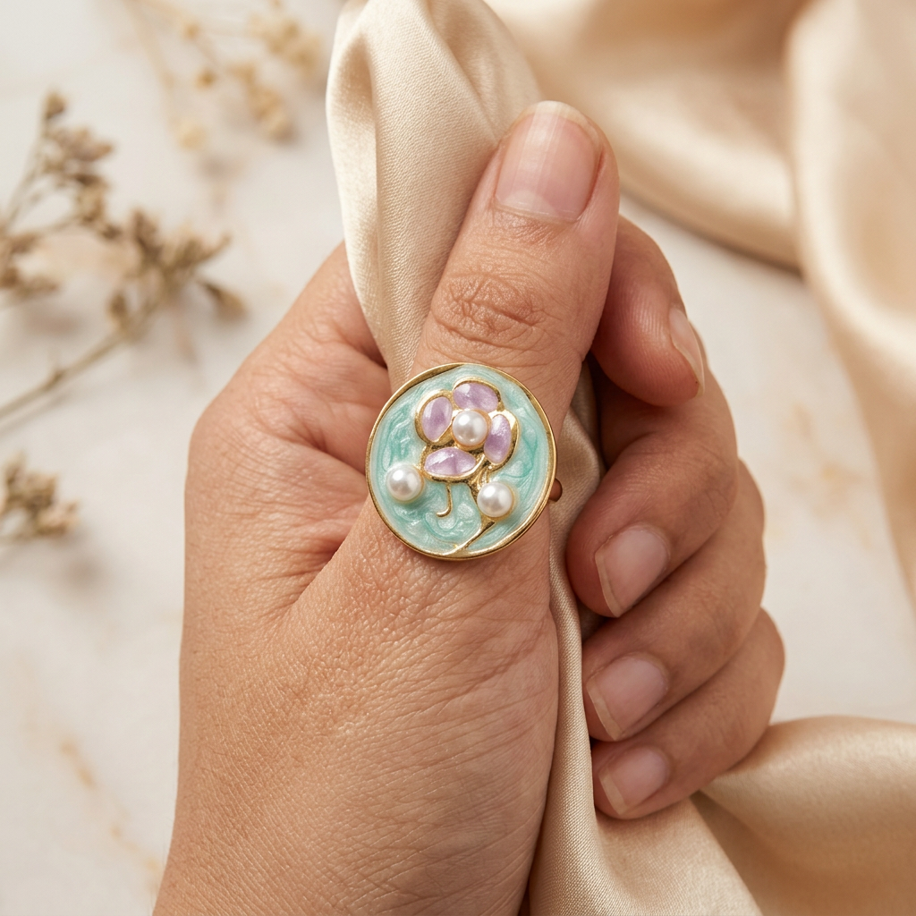 Fleurette aqua oval floral ring worn on an adult hand holding champagne satin