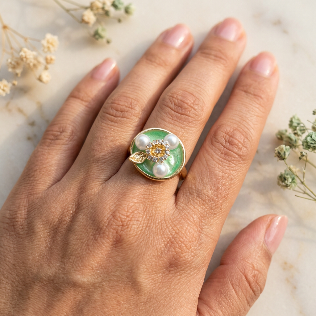 Verelle green floral pearl-look ring worn on an adult hand resting on cream marble