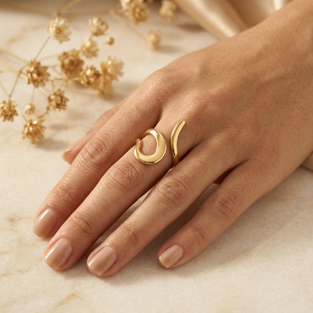 Adult model wearing gold-tone curl ring on one finger with hand resting on cream marble.