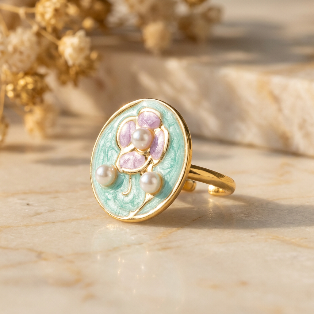 Colour-enhanced Fleurette aqua and lilac floral ring on cream marble