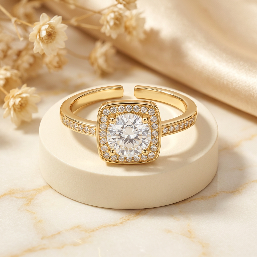 Clarielle clear square halo ring on cream pedestal with champagne satin and dried flowers