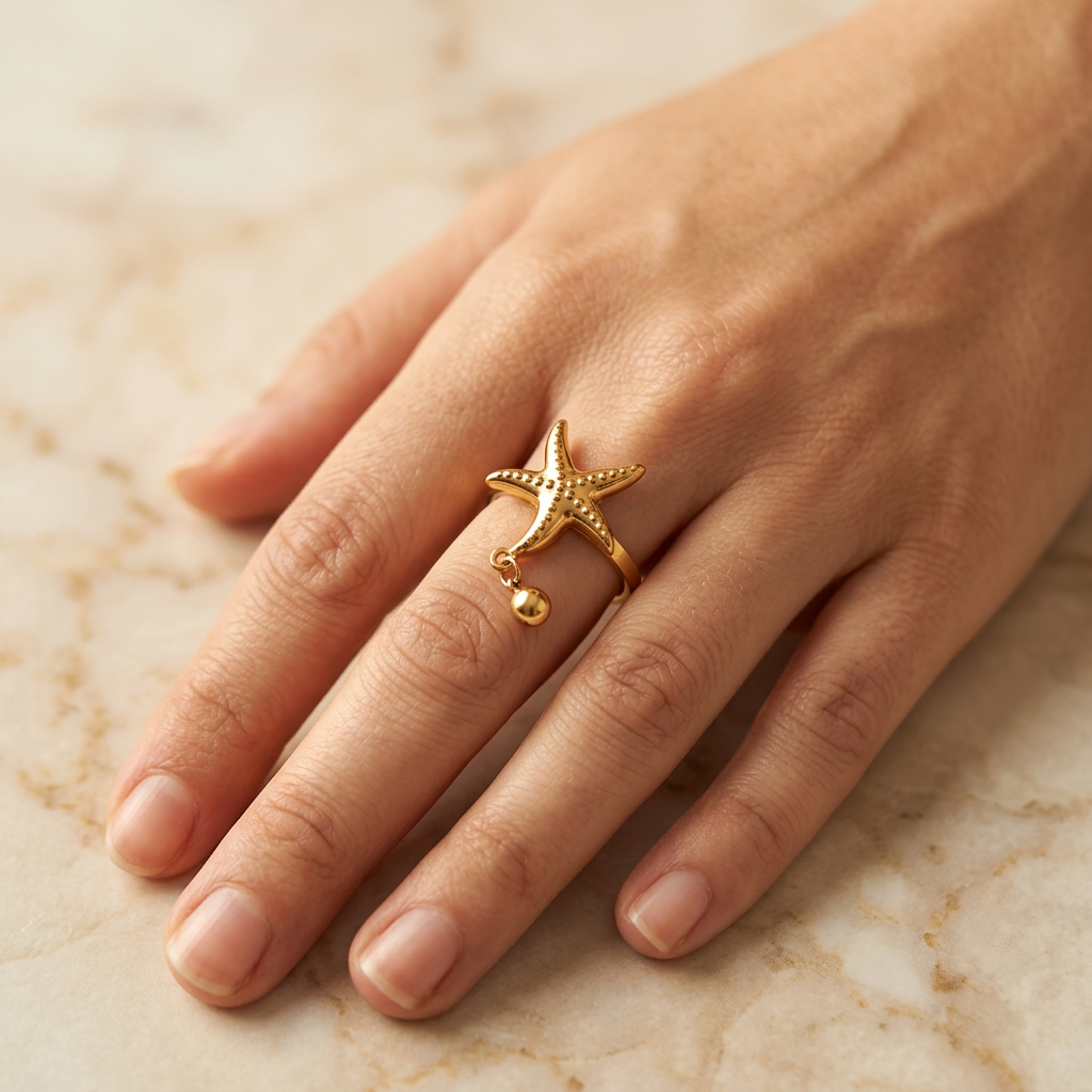 Adult hand wearing a gold-tone starfish ring with a dangling bead while resting on cream marble.