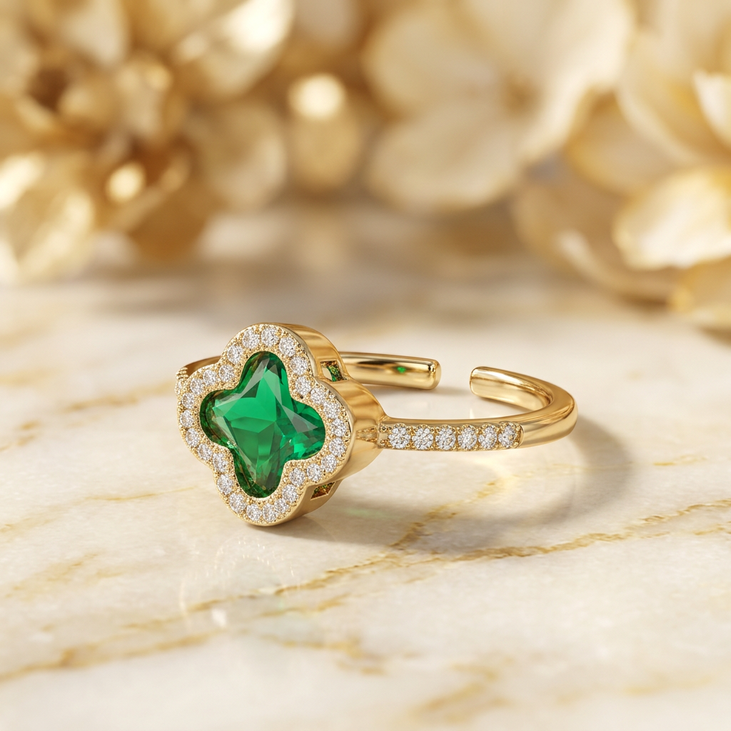 Cloverelle green quatrefoil halo ring on cream marble with rear band opening visible