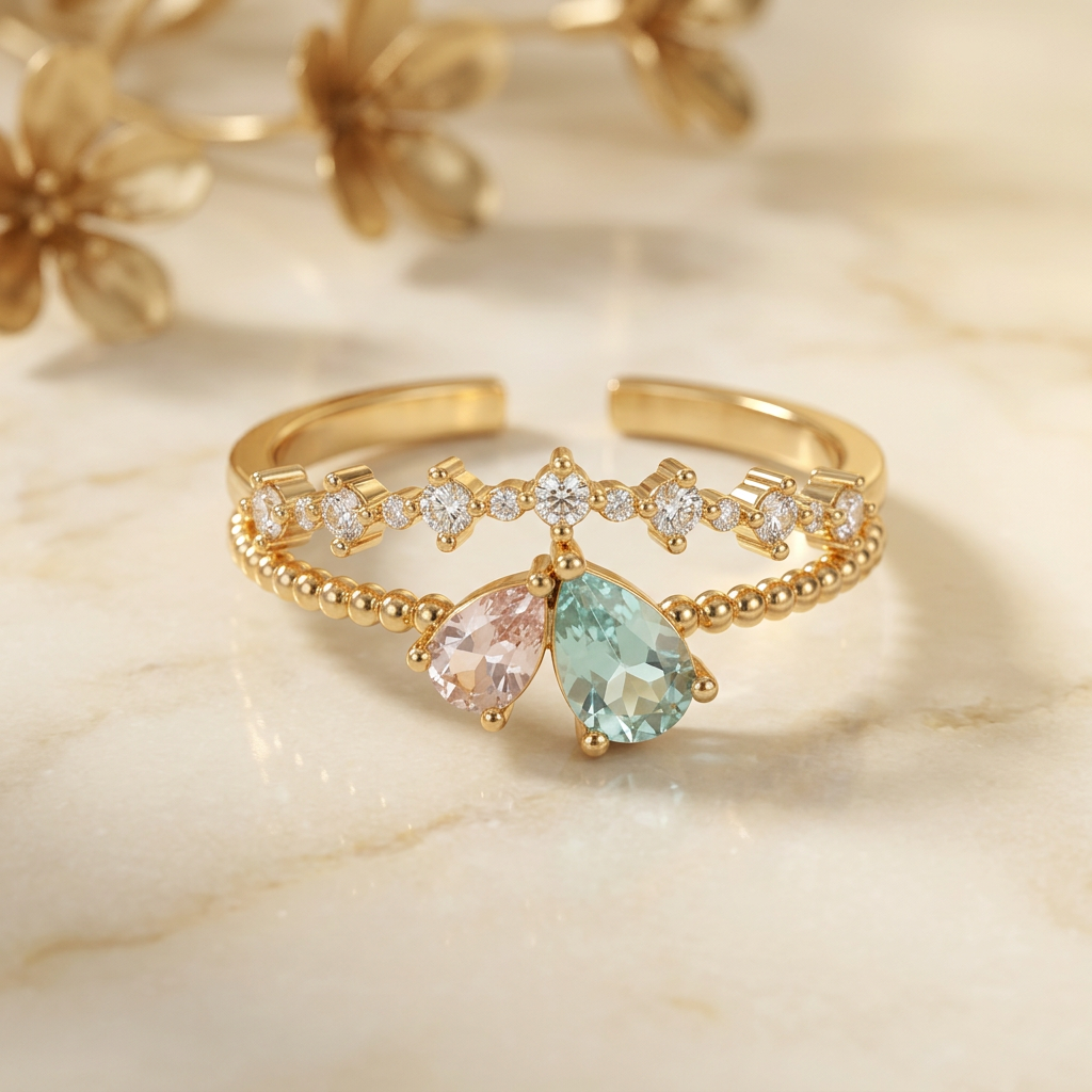 Gold-tone two-row pink and aqua teardrop ring on cream marble with blurred golden flowers.