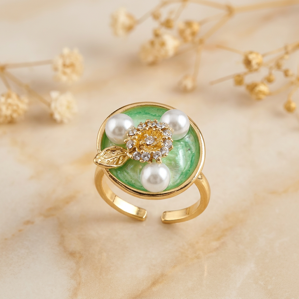 Colour-enhanced Verelle green ring detail showing three pearl-like accents, floral centre, textured leaf and open-back band