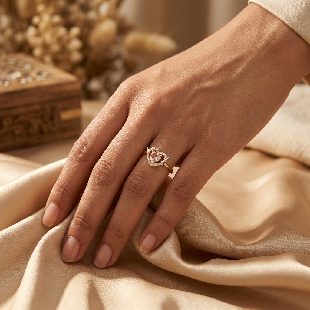Adult hand wearing a gold-tone pink heart halo ring while gently gathering champagne satin.