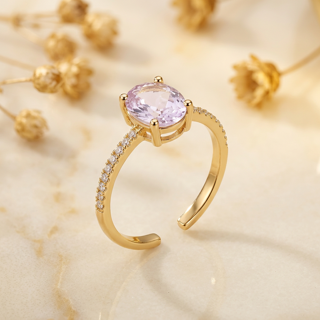 Pale lilac oval gold-tone ring with clear shoulder stones and open rear band on cream marble.