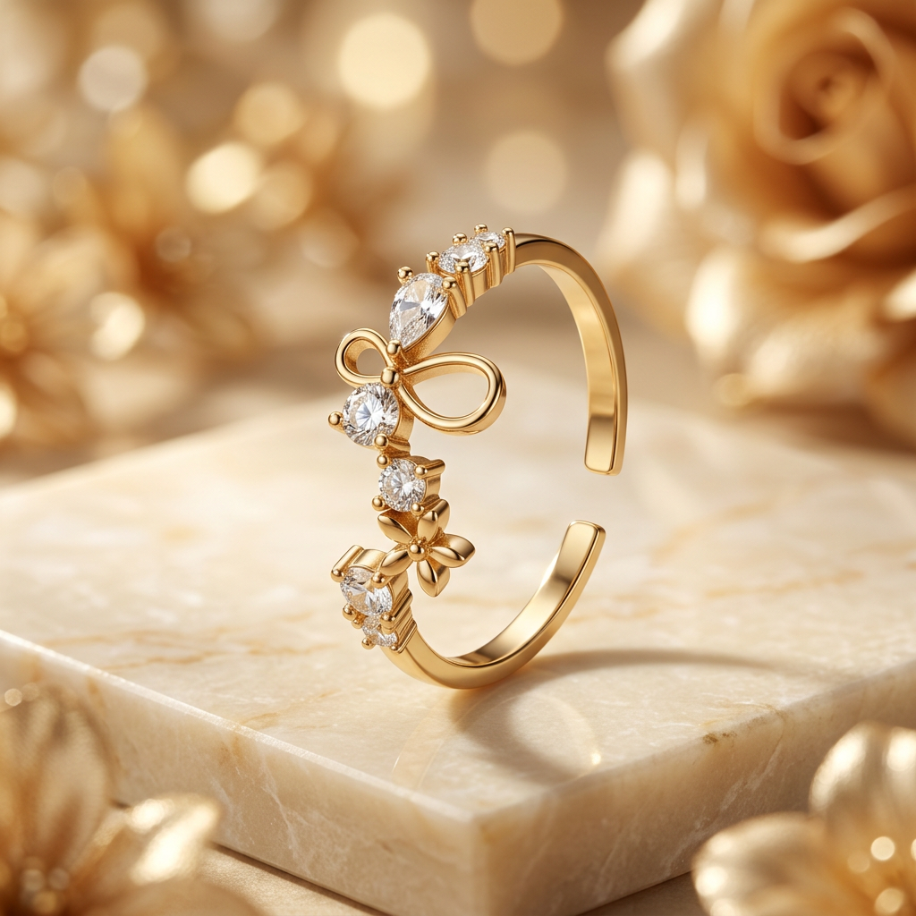 Styled gold-tone clear-stone ring on cream marble with gold-tone loops, petal accents and open rear band.