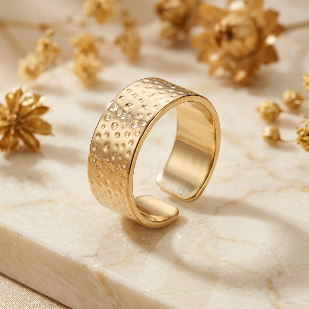 Free-size gold-tone hammered ring with visible open-back gap on cream marble.