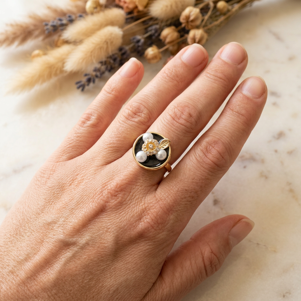 Noirelle black floral pearl-look ring worn on an adult hand resting on cream marble